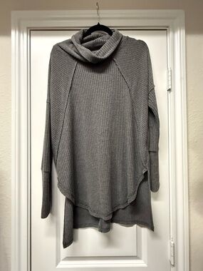 Gray Waffle Knit Cowl Neck Tunic Top | Oversized Boho Cozy Sweater